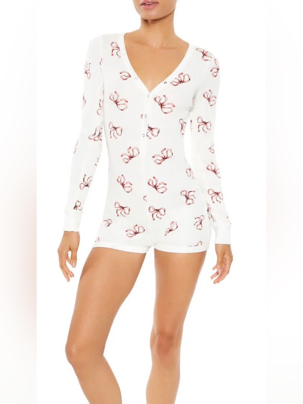 Forever 21 White Long-Sleeve Bow-Print Sleepwear Romper NWOT